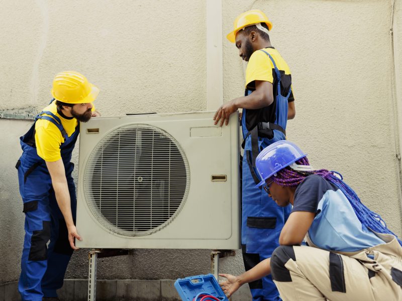 Knowleadgeable engineering team installing new outdoor air conditioner for home owner after replacing old condenser. Efficient technicians tasked with optimizing new HVAC system performance